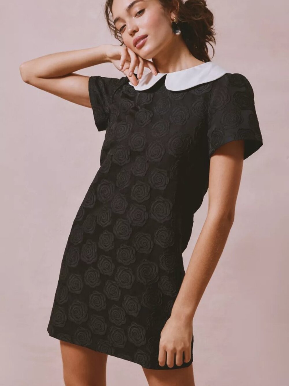 Sister Jane Cheri Rose Jacquard Black Mini Dress Size Small Short Sleeves